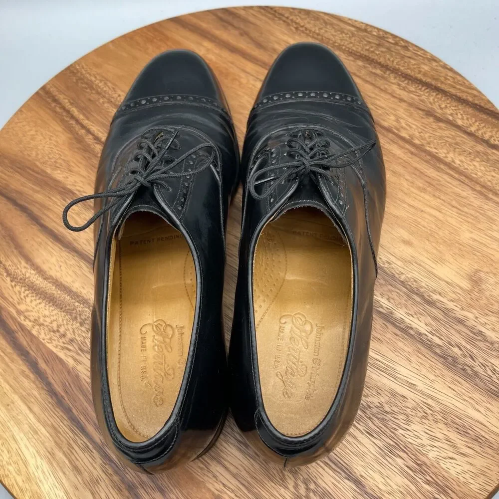 Johnston & Murphy Heritage Oxfords Mens 10D Black Leather Cap Toe Dress Shoe USA